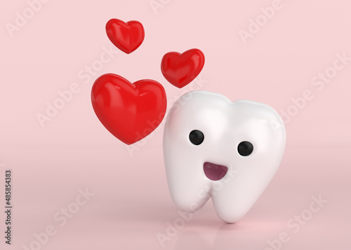 Cute 3D tooth character with red hears