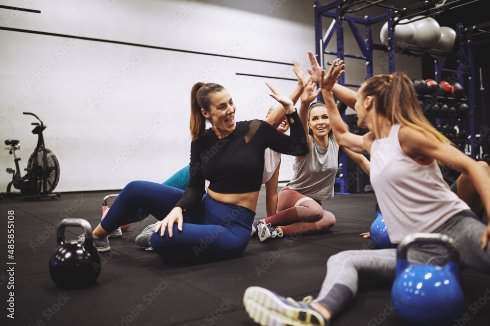 Fit friends high fiving together after a gym class - obrazy, fototapety, plakaty 