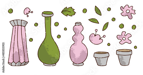 Hand drawn set of vases and flower pots for florist shop in color isolated on white background, concept for sticker, card, banner. Floristry handicraft on white. Hand drawn vector illustration