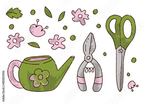 Hand drawn set for florist shop of watering can, scissors, secateurs in color isolated on white background, concept for sticker, card. Floristry handicraft on white. Hand drawn vector illustration