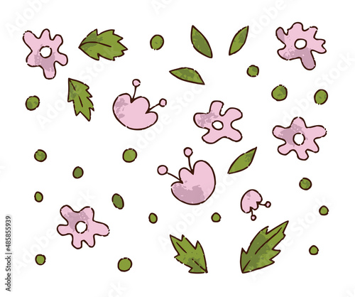 Hand drawn flower and leaves set for florist shop in color isolated on white background, concept for sticker, card. Floristry handicraft on white. Hand drawn vector illustration