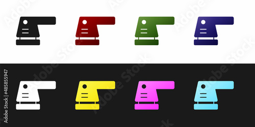 Set Electric sander icon isolated on black and white background. Orbital sander. For floor and wooden planks sanding sandpaper. Vector