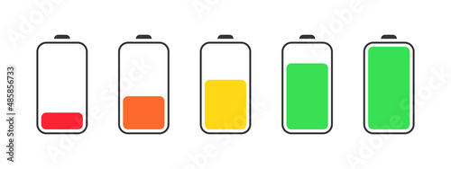 Battery icons set. Battery charge levels. Battery charging icons. Vector illustration