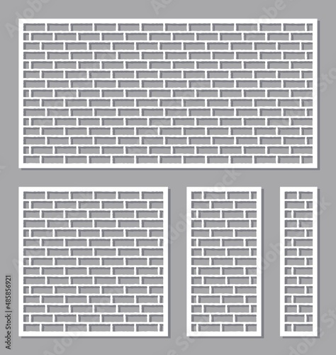 Brick stencil set. White square, horizontal, vertical rectangular panel, screen, wall, background. Template for plotter laser cutting of paper, metal engraving, wood carving, cnc. Vector illustration.