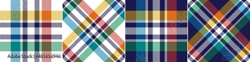 Tartan check plaid pattern in colorful navy blue, blue, green, red, yellow, white. Seamless herringbone rainbow plaid for flannel shirt, scarf, blanket, other spring summer autumn winter textile.