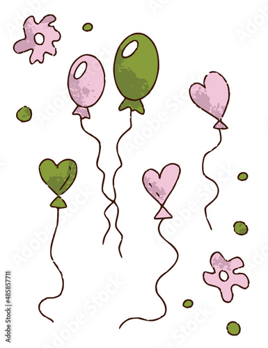 Hand drawn airbaloons set for florist shop, heart in green and pink color isolated on white background. Floristry handicraft on white. Flat vector cartoon isolated photo