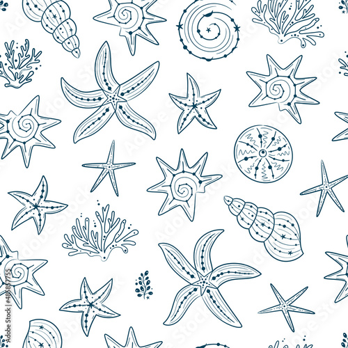 Seamless pattern with seashells, corals and starfishes. Marine dark blue background. For printing, fabric, textile, manufacturing, wallpapers. Sea bottom