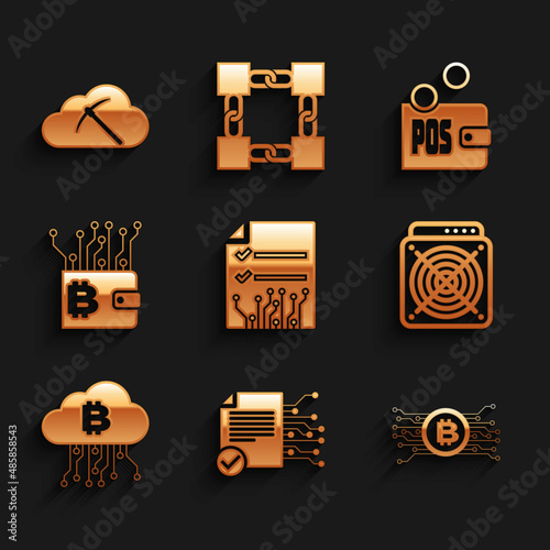 Set Smart contract, , Cryptocurrency bitcoin in circuit, ASIC Miner, cloud mining and wallet icon. Vector