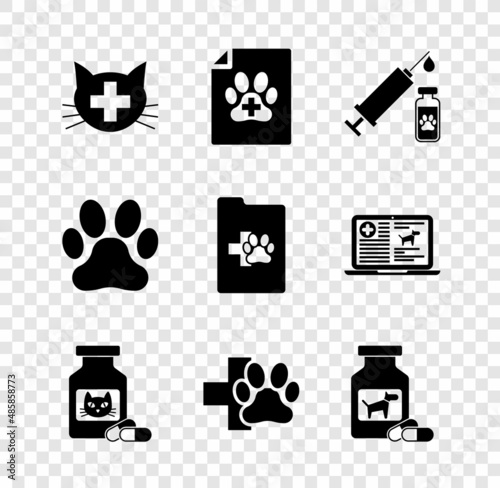 Set Veterinary clinic, Medical certificate for dog or cat, Syringe with pet vaccine, Cat medicine bottle and pills, and Dog icon. Vector