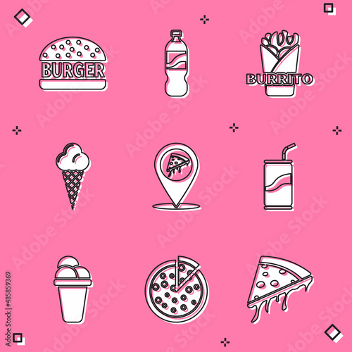 Set Burger, Bottle of water, Burrito, Ice cream in waffle cone, Location with slice pizza, Soda can drinking straw, and Pizza icon. Vector
