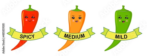 Spicy food in tree levels - mild, medium, spicy, hot and extra hot. Chili pepper icon
