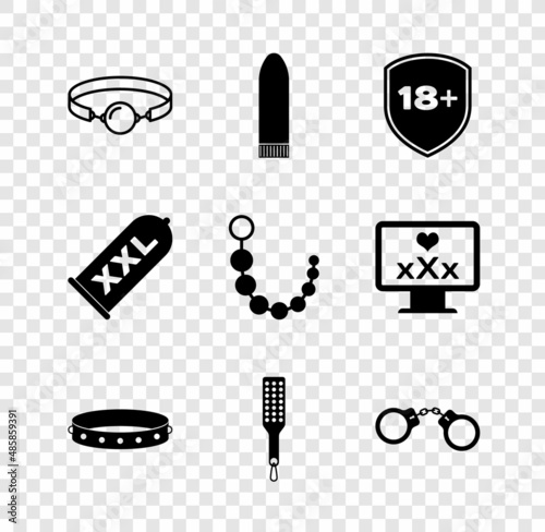 Set Silicone ball gag, Dildo vibrator, Shield with 18 plus, Leather fetish collar, Spanking paddle, Handcuffs, Condom safe sex and Anal beads icon. Vector