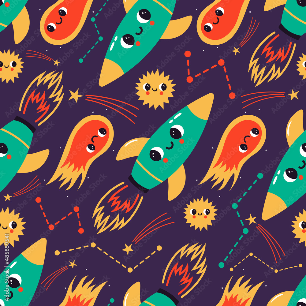 Fototapeta premium Vector seamless pattern with abstract rocket, comet, constellations and stars. Cartoon cosmic elements with face expression. Background with cute space characters. Can be used for textile, wallpaper