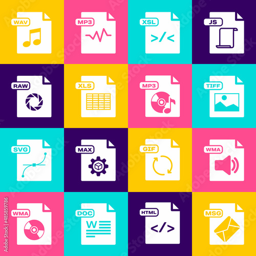 Set MSG file document, WMA, TIFF, XSL, XLS, RAW, WAV and MP3 icon. Vector