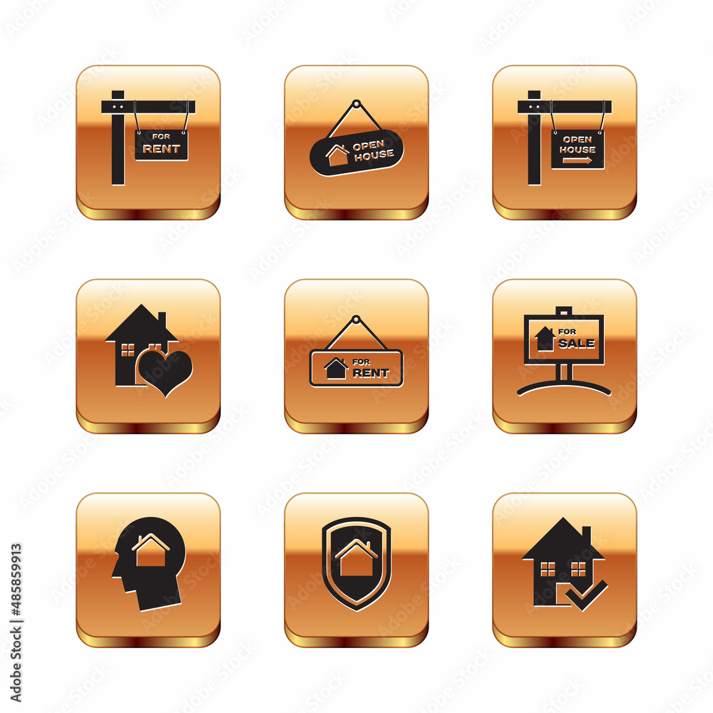 Set Hanging sign with For Rent, Man dreaming about buying house, House under protection, heart shape, Open, check mark and icon. Vector Set Hanging sign with For Rent, Man dreaming about buying house, House under protection, heart shape, Open, check mark and icon. Vector