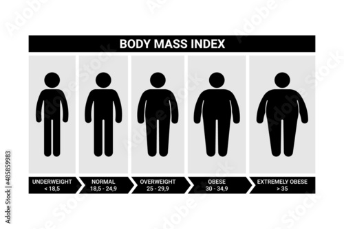 Stick figure man body mass index vector illustration set. Male bmi infographic chart icon silhouette pictogram on white background photo