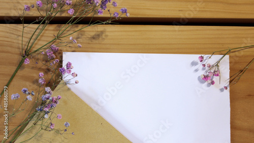 Blank paper copy space on gypsophila wood background flatlat top view