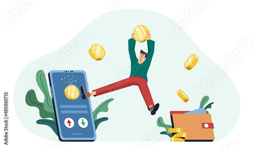 Cashback flat vector illustration. Happy man with golden coins receive cash, get rewards for online shopping. Money transfer from mobile app on e-wallet. Cash back, refund bonus or financial savings.