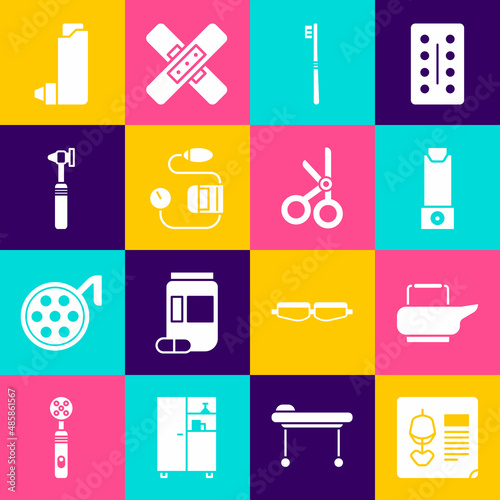 Set X-ray shots, Bedpan, Inhaler, Toothbrush, Blood pressure, Medical otoscope tool, and scissors icon. Vector