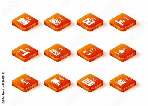Set Smart drone, truck, water tap, home with wireless, Wireless tablet, headphones, server and lamp icon. Vector