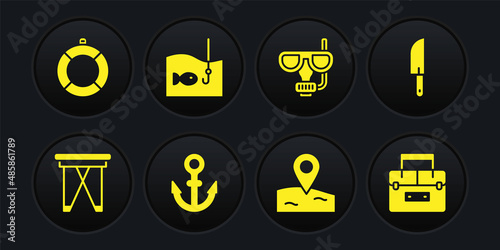 Set Folding chair, Knife, Anchor, Location fishing, Diving mask and snorkel, Fishing hook with, Case container for wobbler and Lifebuoy icon. Vector