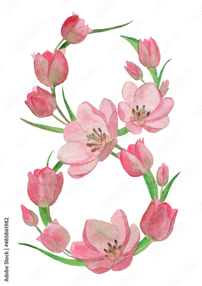 Number or figure of watercolor pink flowers