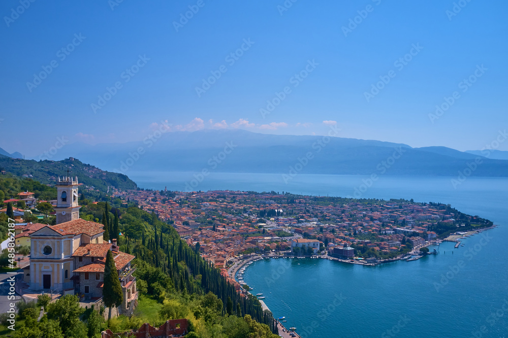 Chiesa di Montemaderno on a hill overlooking the town of Toscolano Maderno on Lake Garda in Italy.