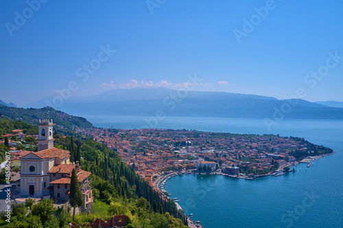 Chiesa di Montemaderno on a hill overlooking the town of Toscolano Maderno on Lake Garda in Italy.