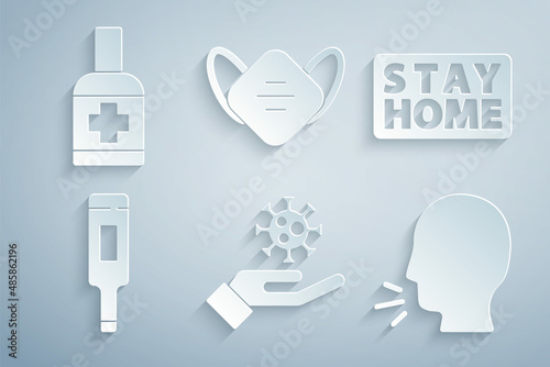 Set Hand with virus, Stay home, Medical thermometer, Man coughing, protective mask and Liquid antibacterial soap icon. Vector