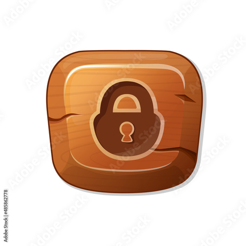 lock. wooden button in cartoon style. an asset for a GUI in a mobile app or casual video game.