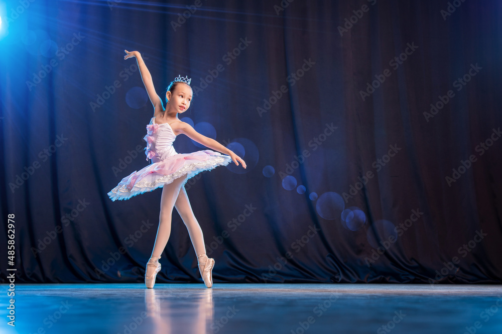 Fototapeta premium little girl ballerina is dancing on stage in white tutu on pointe shoes classic variation.