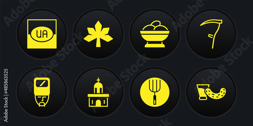 Set Ukrainian cossack, Scythe, Church building, Garden pitchfork, Varenyky bowl, Chestnut leaf, Glass with vodka and Flag of Ukraine icon. Vector