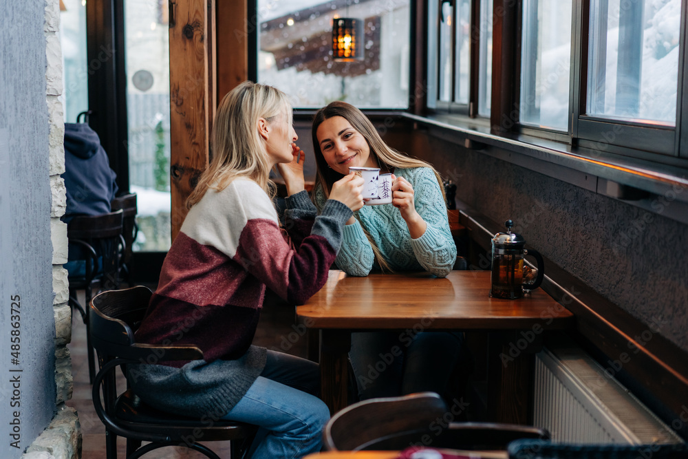 Two young attractive women are chatting and drinking coffee while sitting in a cozy bar in winter.