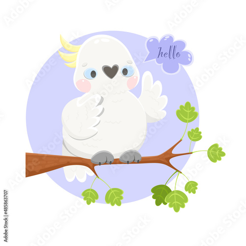 White cockatoo sits on a tree branch, flaps its wing and says hello! Cartoon parrot. Vector illustration.
