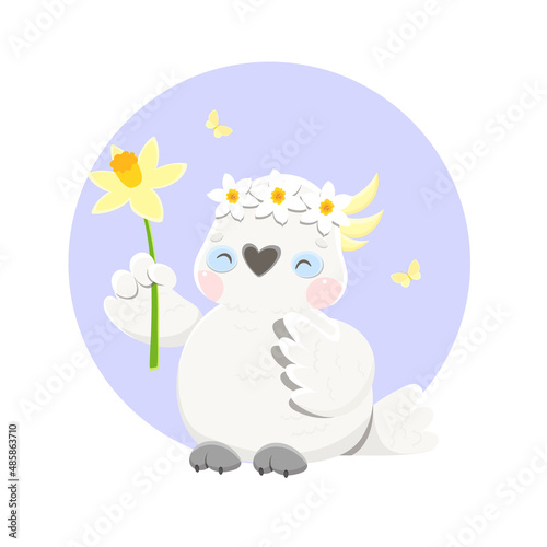 A cute parrot is holding a spring flower. On the head is a wreath of daffodils. Vector cartoon cockatoo in kawaii style.