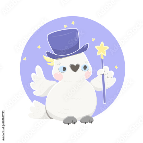 Parrot is a magician. The cockatoo is holding a magic wand. Vector illustration in cartoon style.