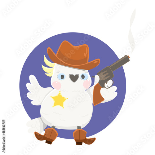 Parrot Sheriff. A white cartoon parrot in a hat, boots, with a sheriff's star on his chest holds a smoking pistol. Vector illustration.
