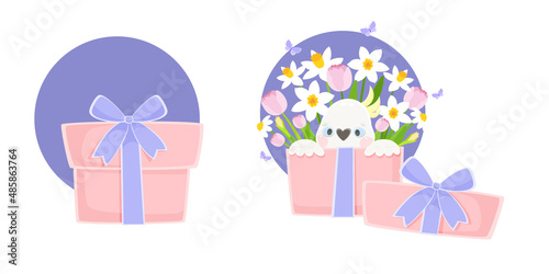 Gift box. A white cockatoo sits in a box of flowers. Spring daffodils and tulips. Template for design, illustration, postcard, invitation. Vector.