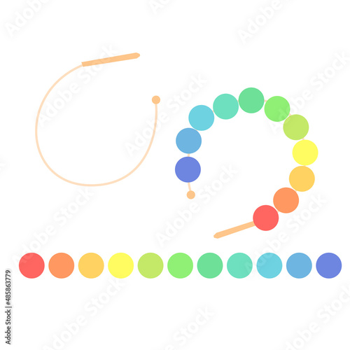 Educational children's game lacing. Wooden balls of different colors and string. Vector illustration.