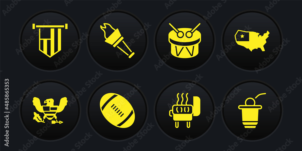 Set Eagle, USA map, American Football ball, Barbecue grill, Drum and drum sticks, Torch flame, Beer pong game and flag icon. Vector Set Eagle, USA map, American Football ball, Barbecue grill, Drum and drum sticks, Torch flame, Beer pong game and flag icon. Vector