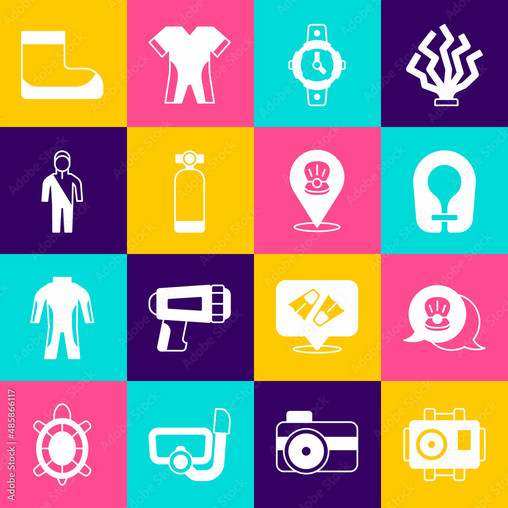 Set Photo camera for diver, Scallop sea shell, Life jacket, Diving watch, Aqualung, Wetsuit scuba diving, Boots and icon. Vector Set Photo camera for diver, Scallop sea shell, Life jacket, Diving watch, Aqualung, Wetsuit scuba diving, Boots and icon. Vector