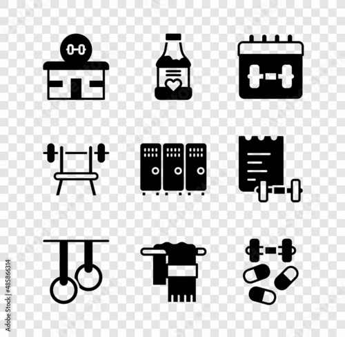 Set Gym building, Vitamins, Calendar fitness, Gymnastic rings, Towel on hanger, Sports doping with dumbbell, Bench barbell and Locker changing room icon. Vector