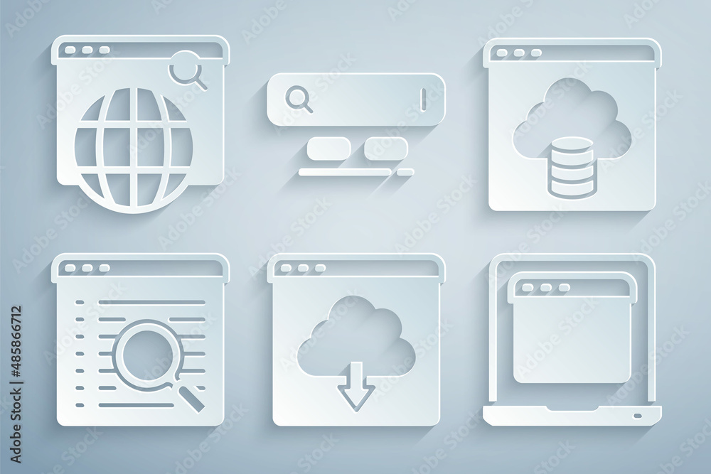 Set Cloud download, technology data transfer, Search engine, Laptop with browser window, and icon. Vector