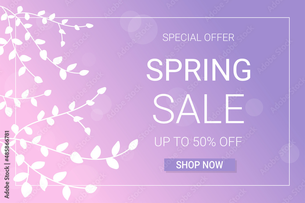 Spring sale banner with white branches on purple and pink gradient background. Template for flyer, voucher, brochure and banner design