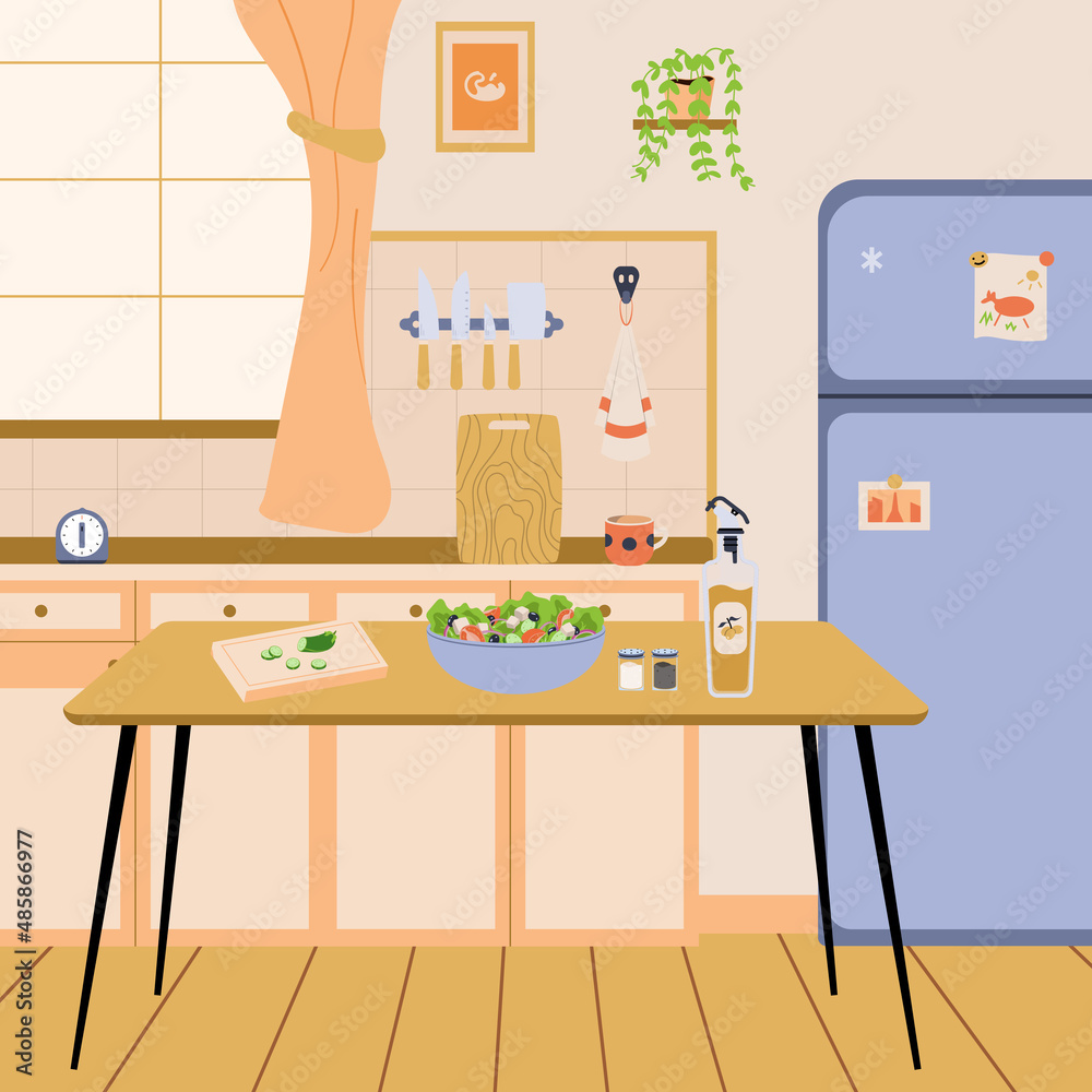 Cozy kitchen interior with furniture. Dining Room design in pastel colours with wooden furniture. Indoor home decor. Modern kitchen interior design in flat vector style