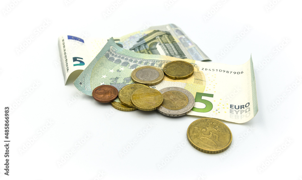 Euro banknotes and coins. Euro banknotes and coins.
