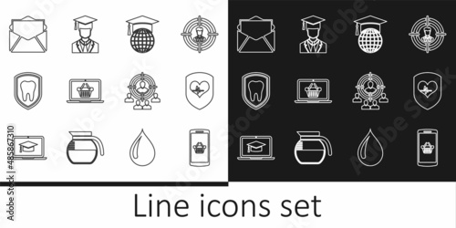 Set line Shopping basket on mobile, Shield and heart rate, Graduation cap globe, laptop, Dental protection, Mail e-mail, Marketing target strategy and Graduate with graduation icon. Vector