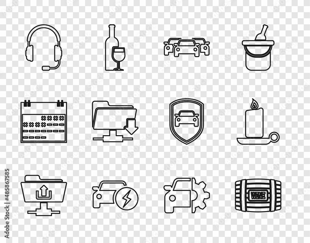 Set line FTP folder upload, Wooden barrel for wine, Cars, Electric car, Headphones with microphone, download, service and Burning candle candlestick icon. Vector Set line FTP folder upload, Wooden barrel for wine, Cars, Electric car, Headphones with microphone, download, service and Burning candle candlestick icon. Vector