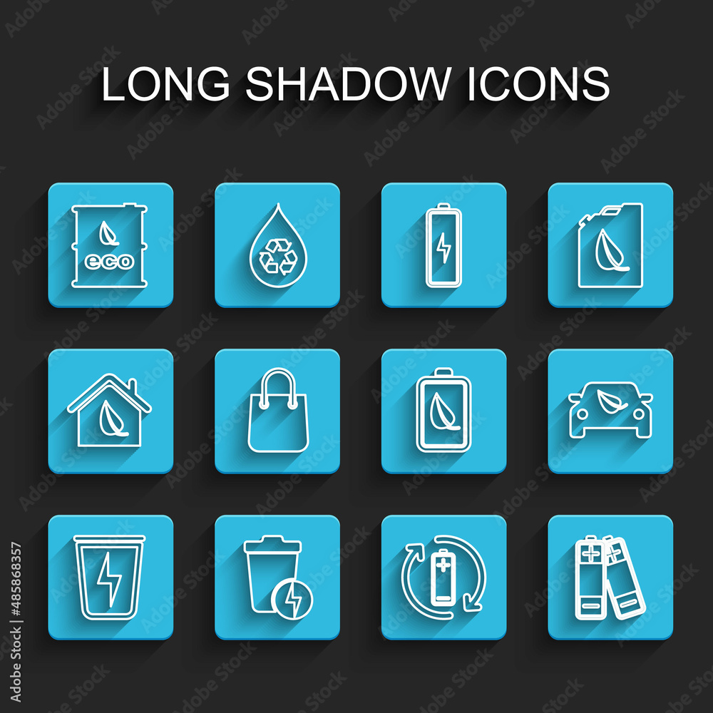 Set line Lightning with trash can, Bio fuel barrel, Battery recycle, Shopping bag, Eco car drive leaf and nature and battery icon. Vector Set line Lightning with trash can, Bio fuel barrel, Battery recycle, Shopping bag, Eco car drive leaf and nature and battery icon. Vector