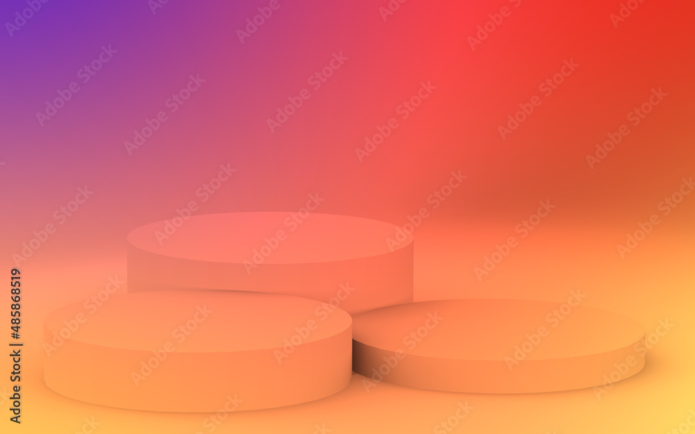 3d yellow orange and purple neon light cylinder podium minimal studio gradient colors background. Abstract 3d geometric shape object illustration render. Display for summer holiday product. 3d yellow orange and purple neon light cylinder podium minimal studio gradient colors background. Abstract 3d geometric shape object illustration render. Display for summer holiday product.